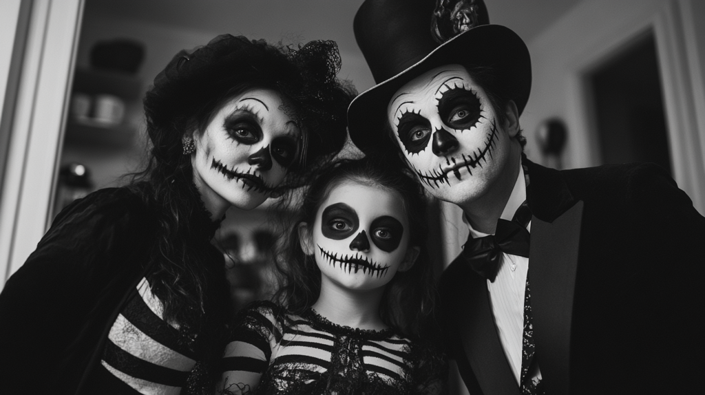 déguisement de groupe, une petite famille dans le style de Tim burton