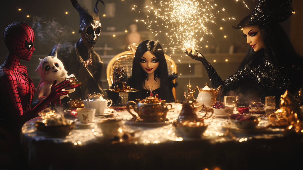 Barbie, Princesse , Homme araignée , Sorcière , Fée , Mercredi Addams autour d'une table pour célébrer Halloween