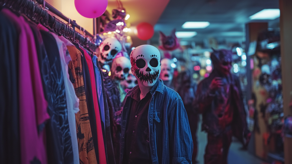 accessoire masque Halloween porté par un client dans un magasin de déguisement