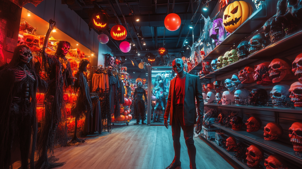 vue intérieure de magasin de déguisement au rayon accessoires Halloween