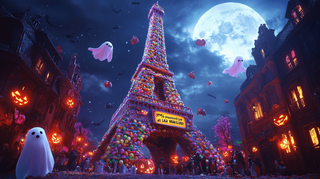 Tour eiffel décorée de bonbon pour la célébration d'Halloween, dans la pénombre avec des fantomes qui volent autour