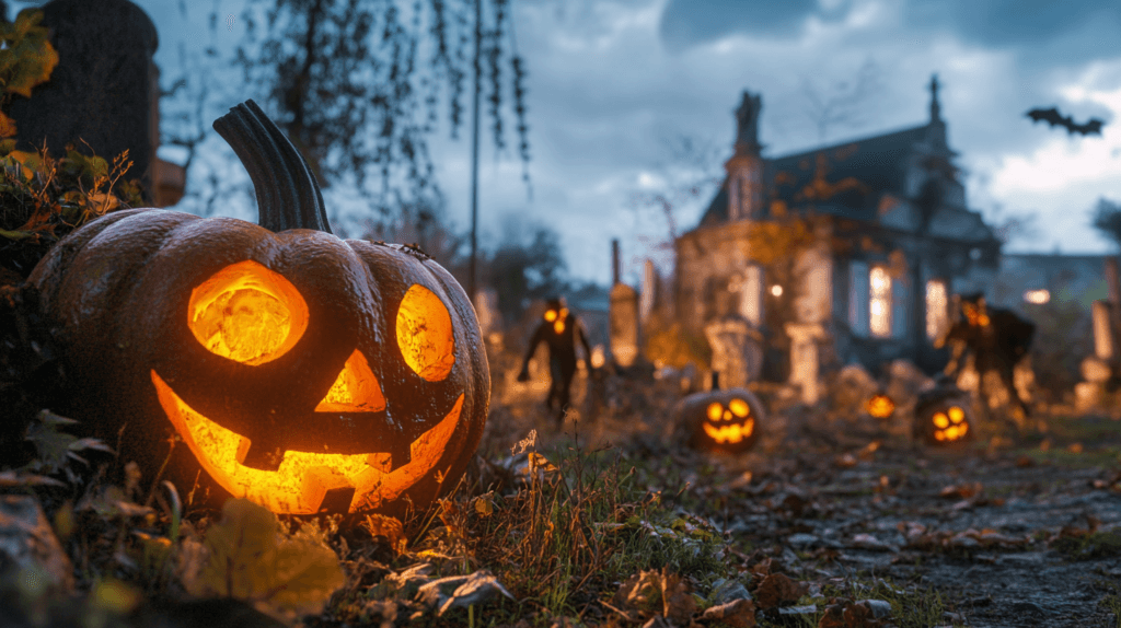 citrouilles sculptées pour décoration d'Halloween. Ambiance lugubre avec chateau abandonné en arrière plan