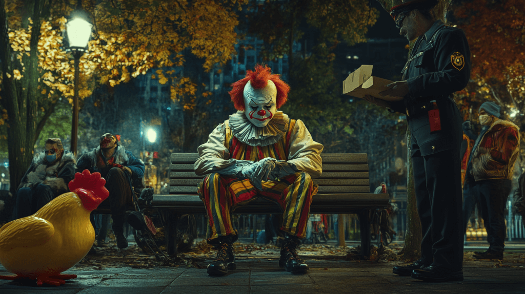 clown assis sur un banc, militaires et gens masqués interdits à Halloween