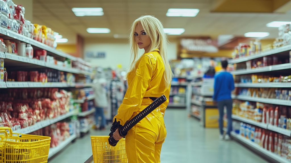 Personne avec un déguisement La Mariée de 'Kill Bill' dans un supermarché