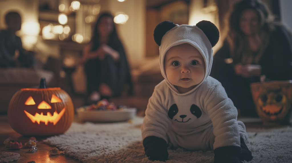 Déguisement Halloween, bébé en panda, dans un salon avec les parents