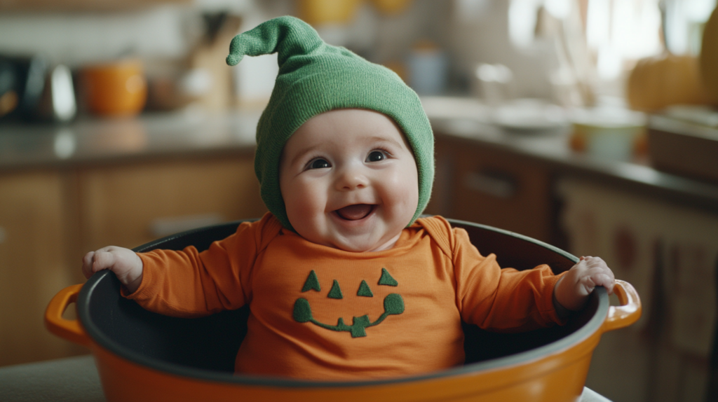 idée de déguisement bebe Hallowen. En citrouille dans une grande marmite