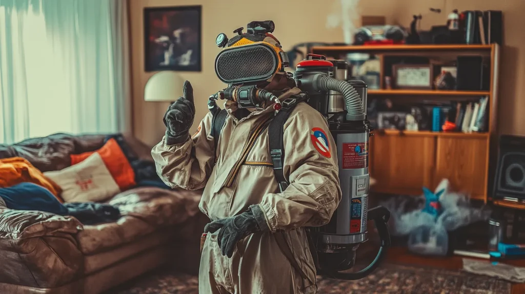 un jeune avec deguisement ghostbuster diy dans un salon d'appartment en désordre