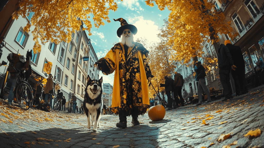 Personne avec un déguisement Halloween homme qui ballade son chien