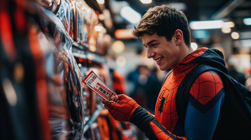 Personne regardant le prix d'un costume dans un magasin de déguisement pas cher