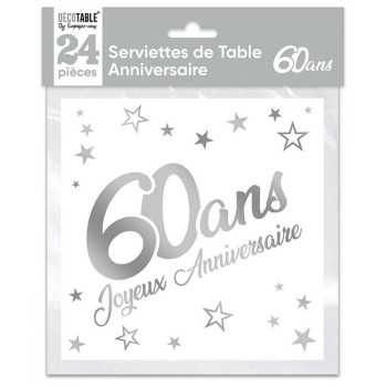 24 serviettes 60 ans argent