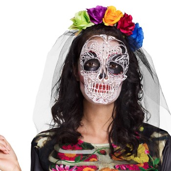 Diadème fleurs multicolores avec voile tête de mort