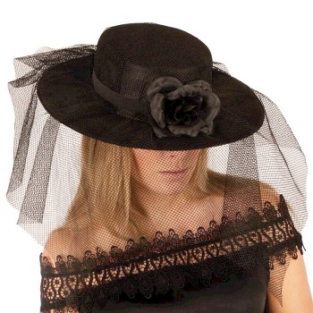 Chapeau dame avec voile et rose noire